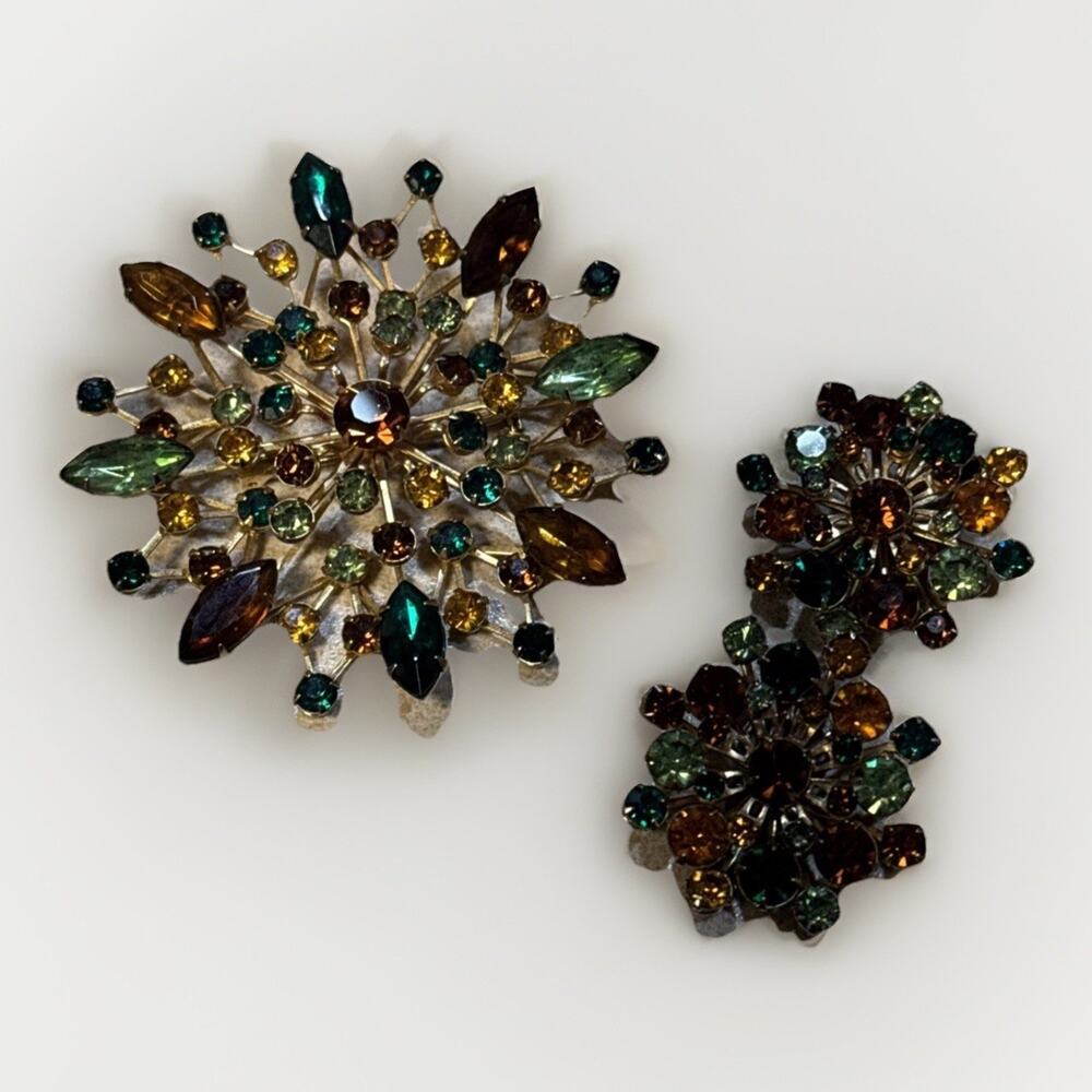 Vintage Rhinestone Broach and Clip On Earrings - Amber Green Gold Tone